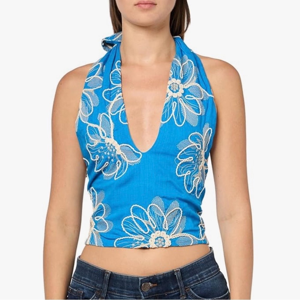 Ramy Brook Blue Floral Halter Crop Top